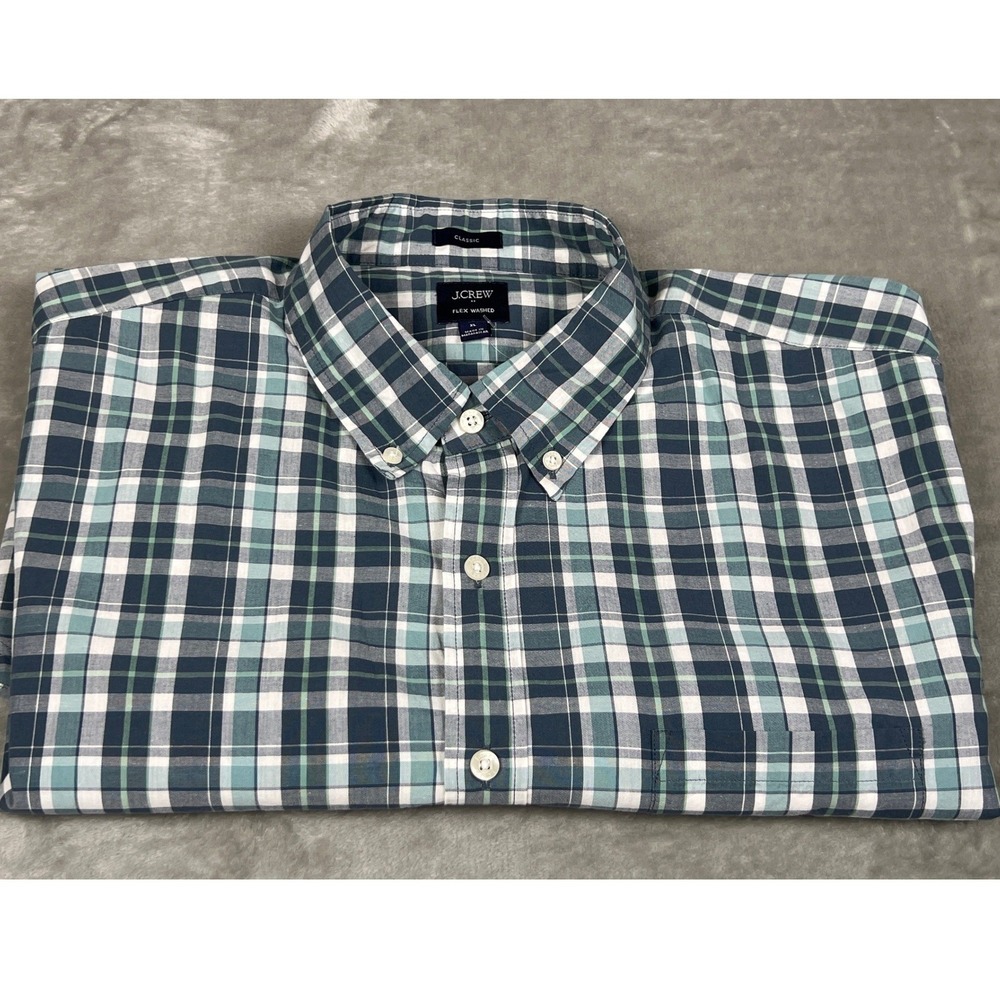 NWT J. Crew Flex Washed Button Down Shirt Men's XL Classic Fit Green Navy Plaid